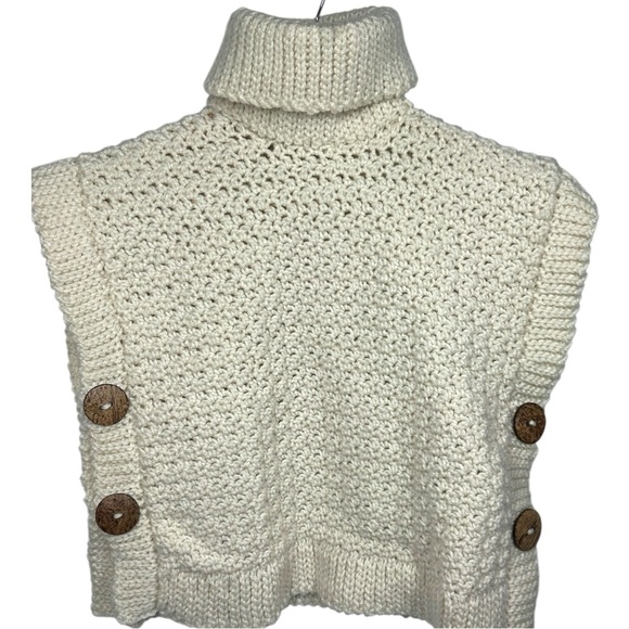 Hand Crocheted Turtleneck Sweater Vest Women's S/M Ivory Pullover Button Side - Picture 2 of 10